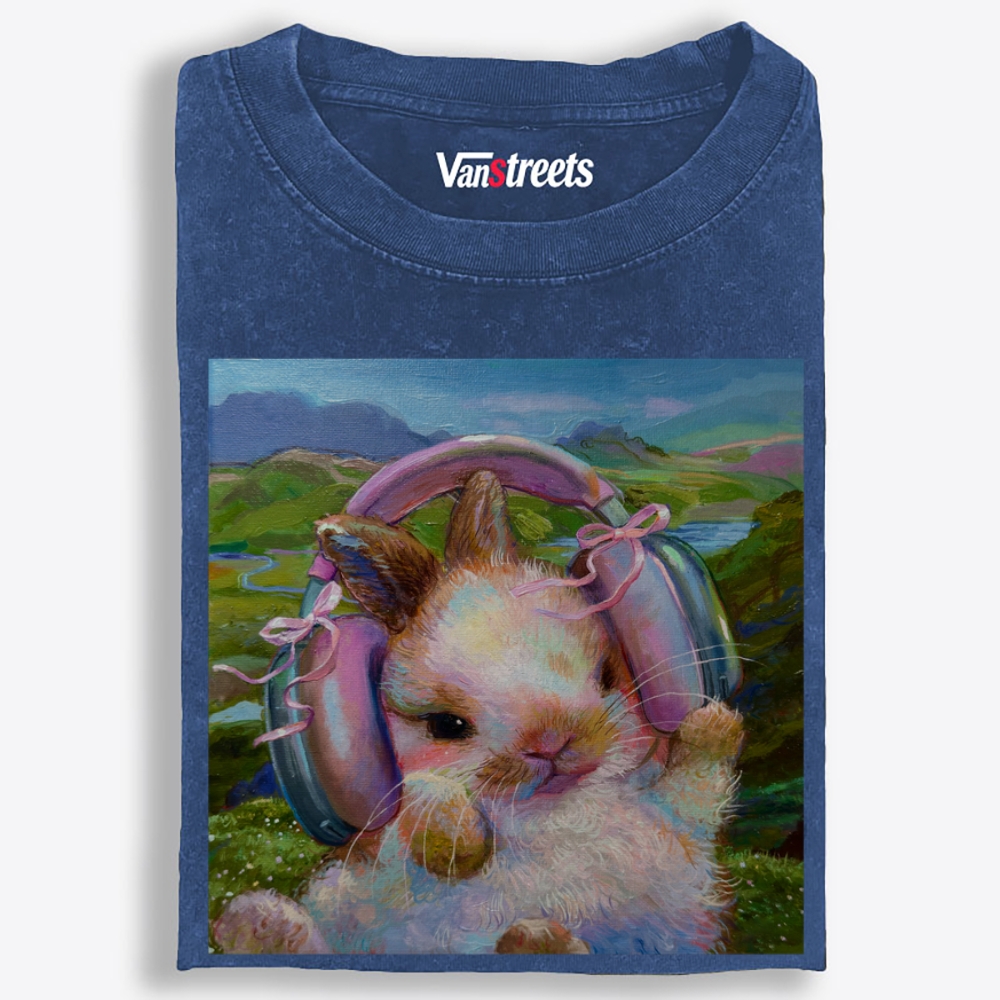 Headphones Bunny Retro Washed T-Shirt | 100% Cotton | Streetwear Essential