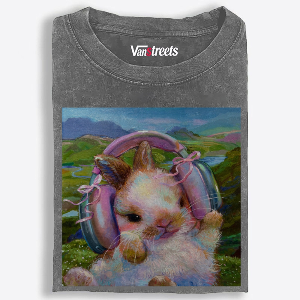 Headphones Bunny Retro Washed T-Shirt | 100% Cotton | Streetwear Essential