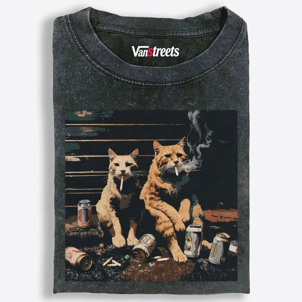 Smoking Drinking Cats Retro Washed T-Shirt | 100% Cotton | Streetwear Essential
