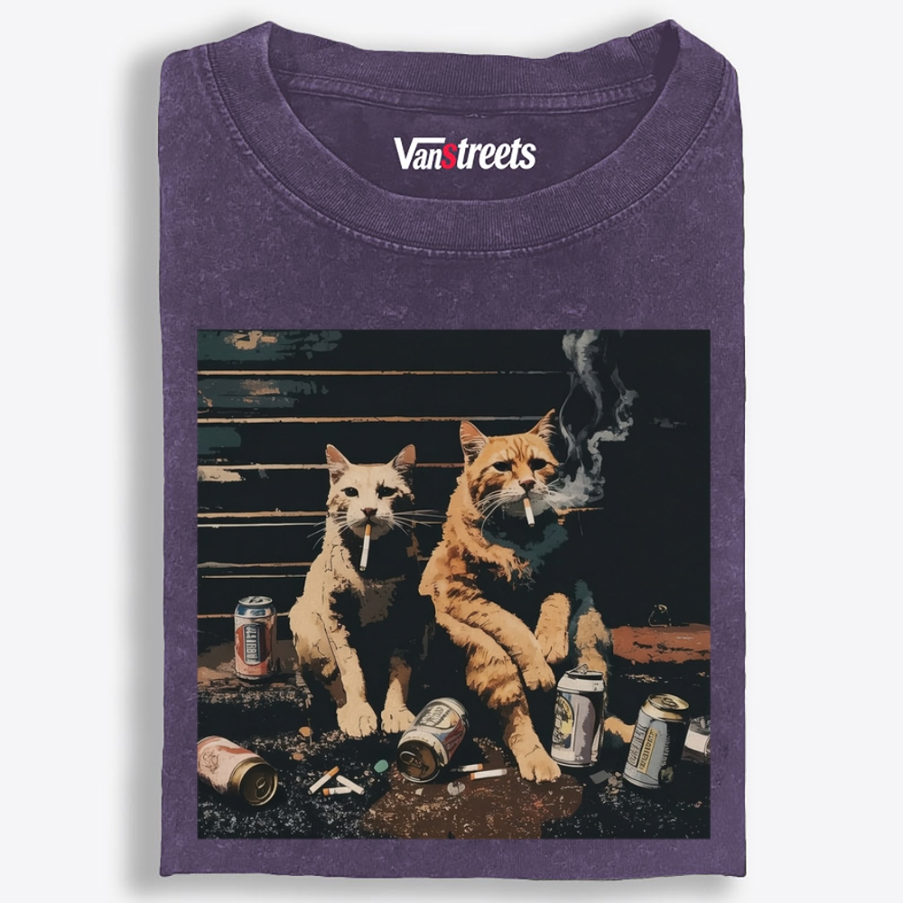 Smoking Drinking Cats Retro Washed T-Shirt | 100% Cotton | Streetwear Essential