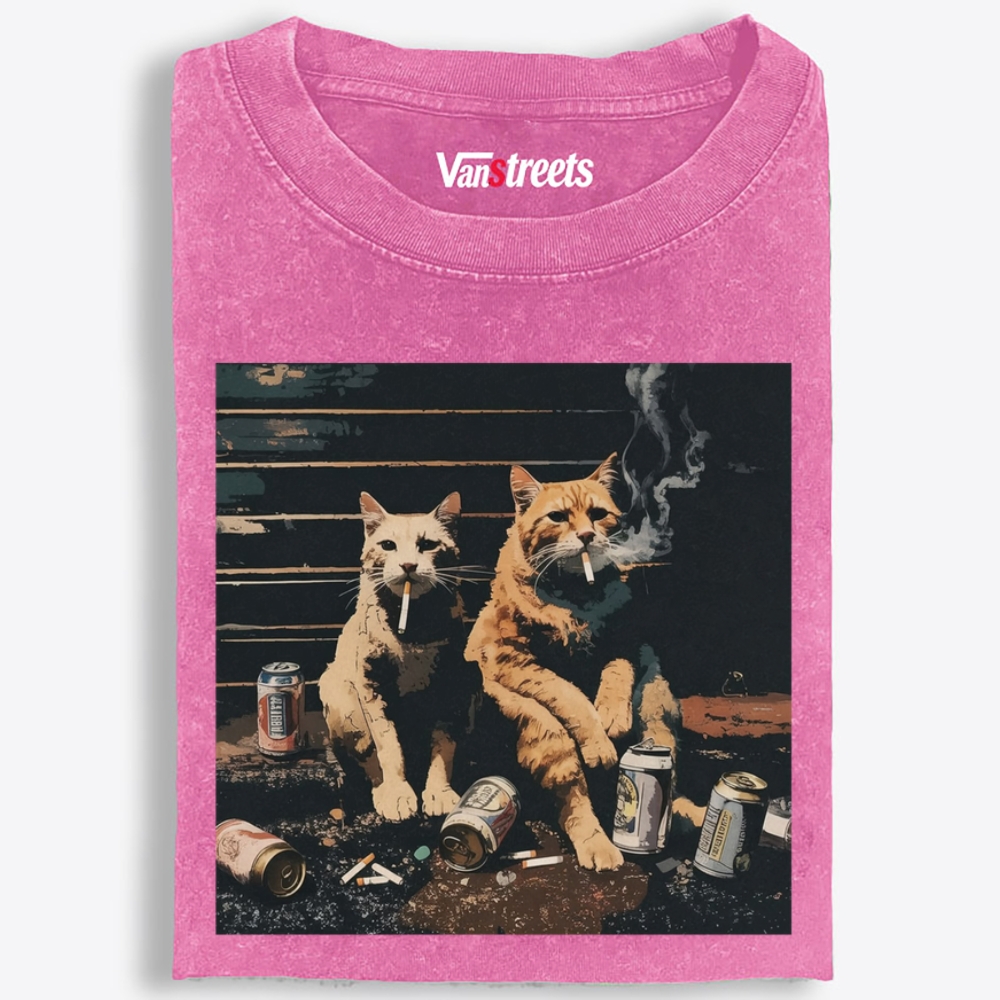 Smoking Drinking Cats Retro Washed T-Shirt | 100% Cotton | Streetwear Essential