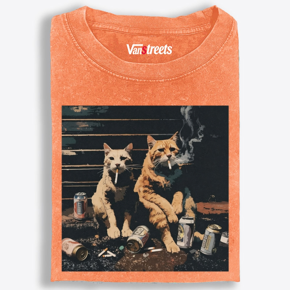 Smoking Drinking Cats Retro Washed T-Shirt | 100% Cotton | Streetwear Essential