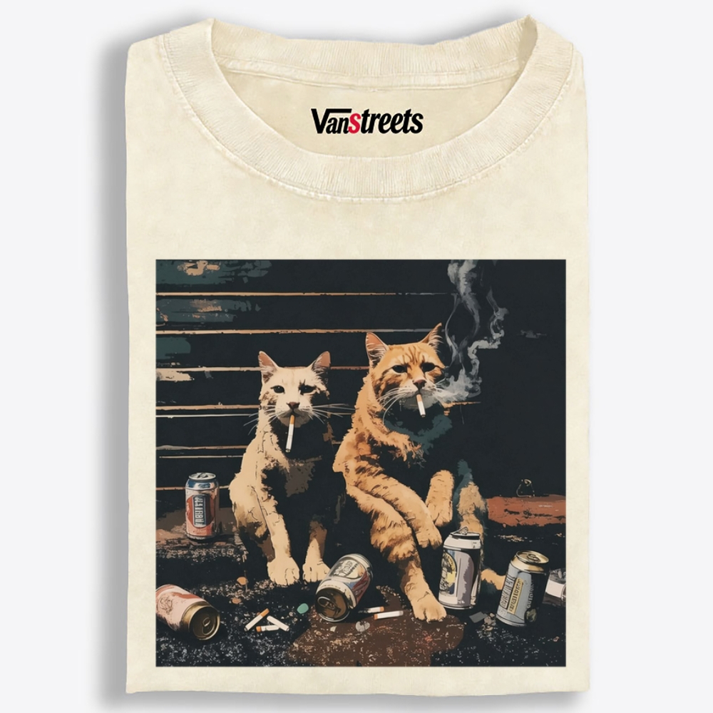 Smoking Drinking Cats Retro Washed T-Shirt | 100% Cotton | Streetwear Essential
