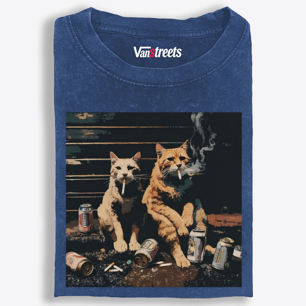 Smoking Drinking Cats Retro Washed T-Shirt | 100% Cotton | Streetwear Essential