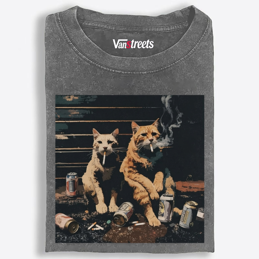 Smoking Drinking Cats Retro Washed T-Shirt | 100% Cotton | Streetwear Essential