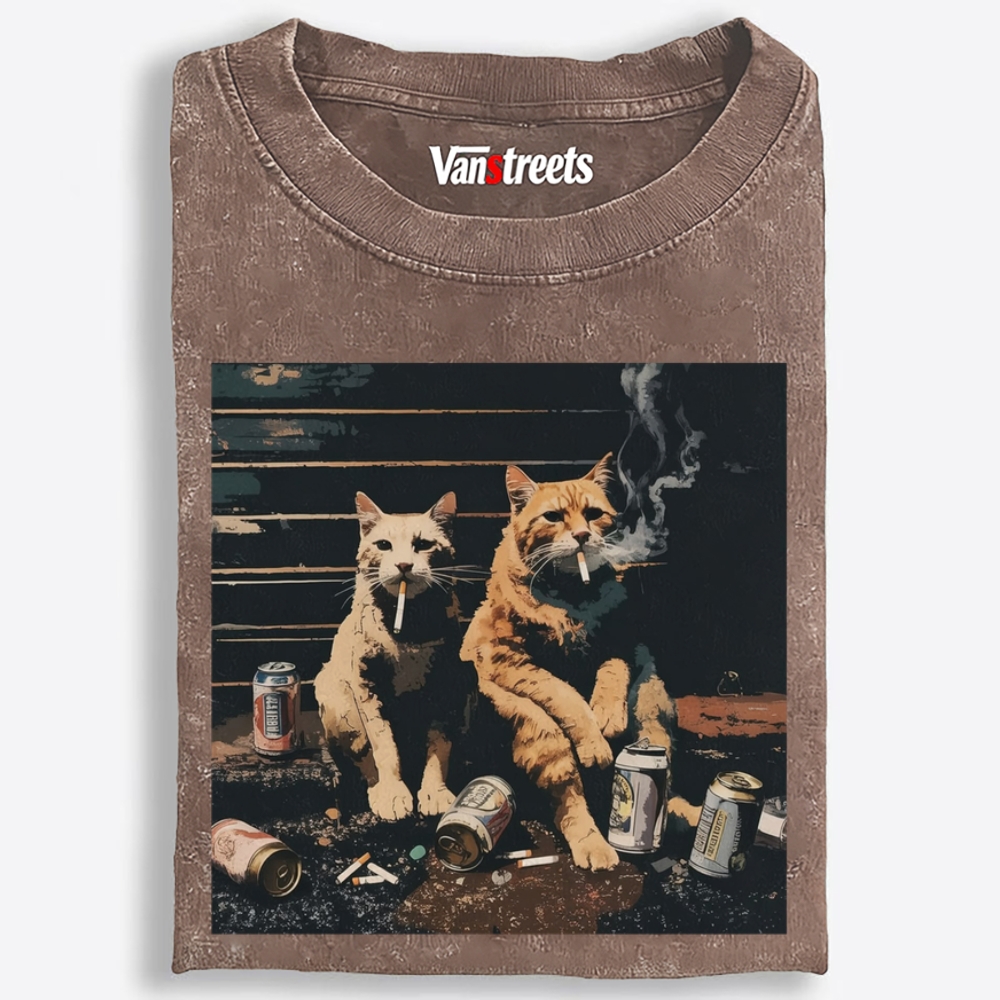 Smoking Drinking Cats Retro Washed T-Shirt | 100% Cotton | Streetwear Essential