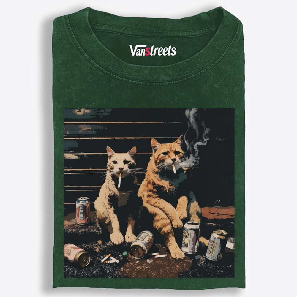 Smoking Drinking Cats Retro Washed T-Shirt | 100% Cotton | Streetwear Essential