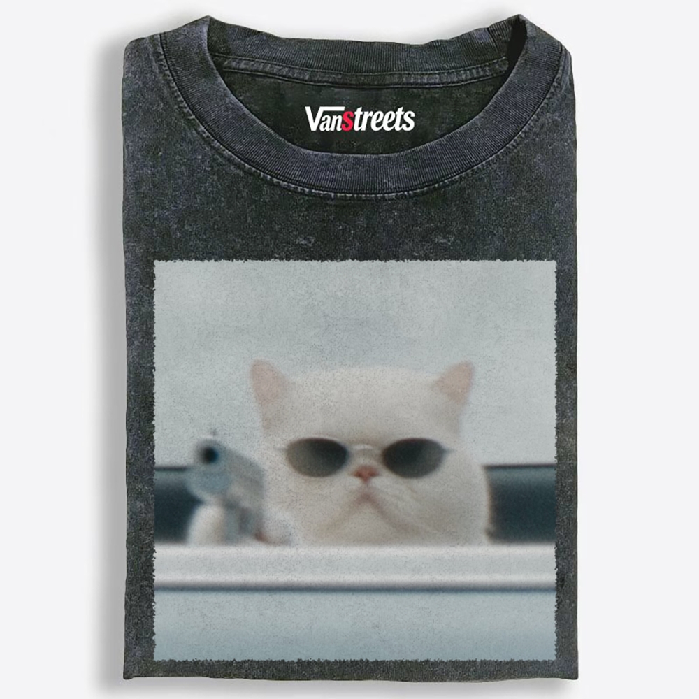 White Killer Cat Retro Washed T-Shirt | 100% Cotton | Streetwear Essential