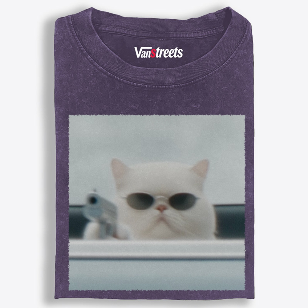 White Killer Cat Retro Washed T-Shirt | 100% Cotton | Streetwear Essential