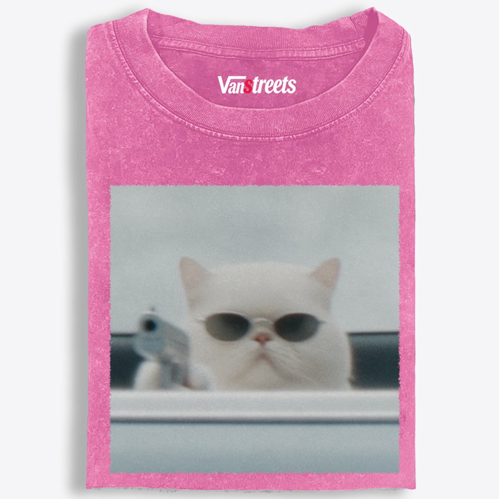 White Killer Cat Retro Washed T-Shirt | 100% Cotton | Streetwear Essential