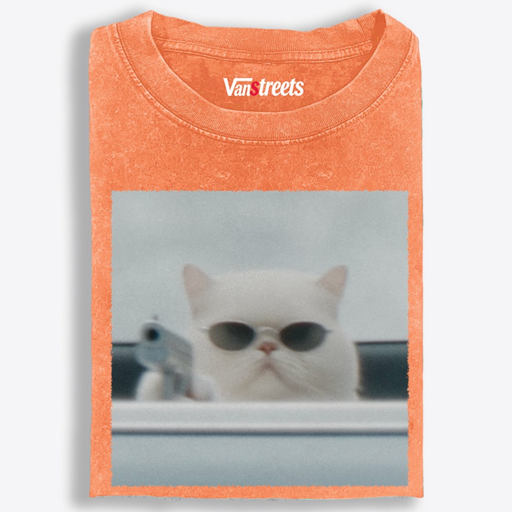 White Killer Cat Retro Washed T-Shirt | 100% Cotton | Streetwear Essential