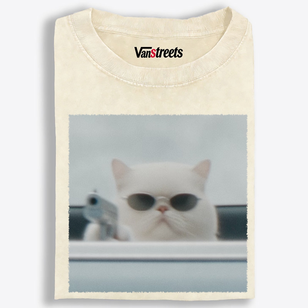 White Killer Cat Retro Washed T-Shirt | 100% Cotton | Streetwear Essential