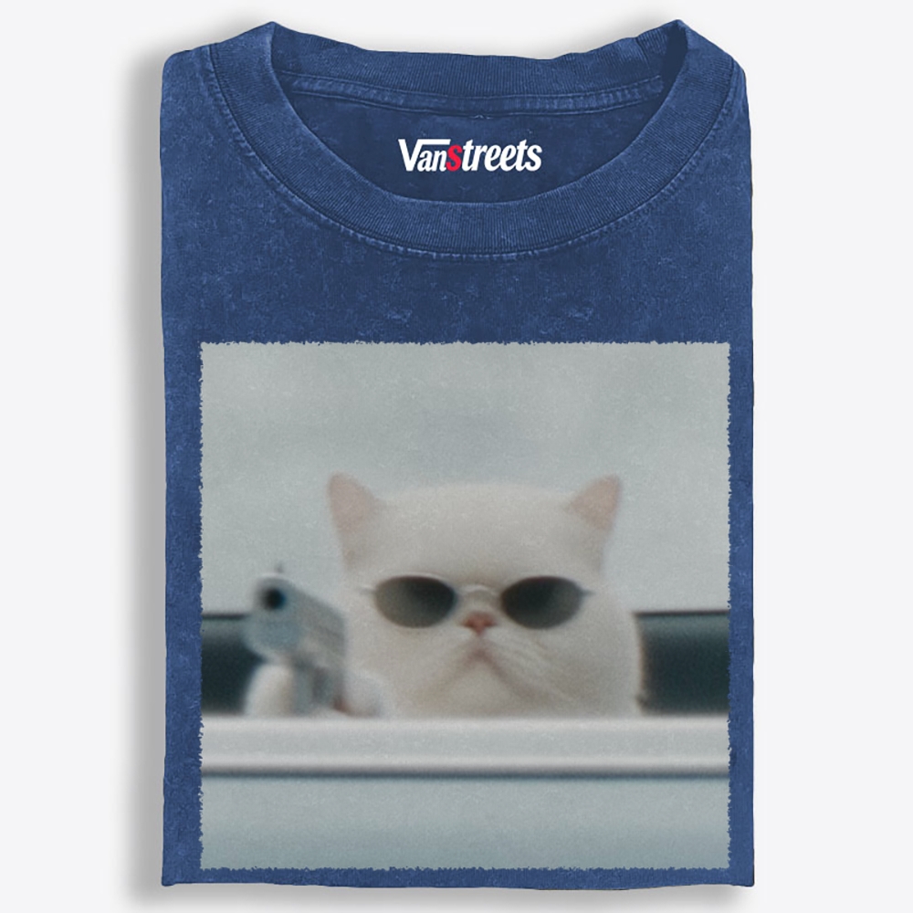 White Killer Cat Retro Washed T-Shirt | 100% Cotton | Streetwear Essential