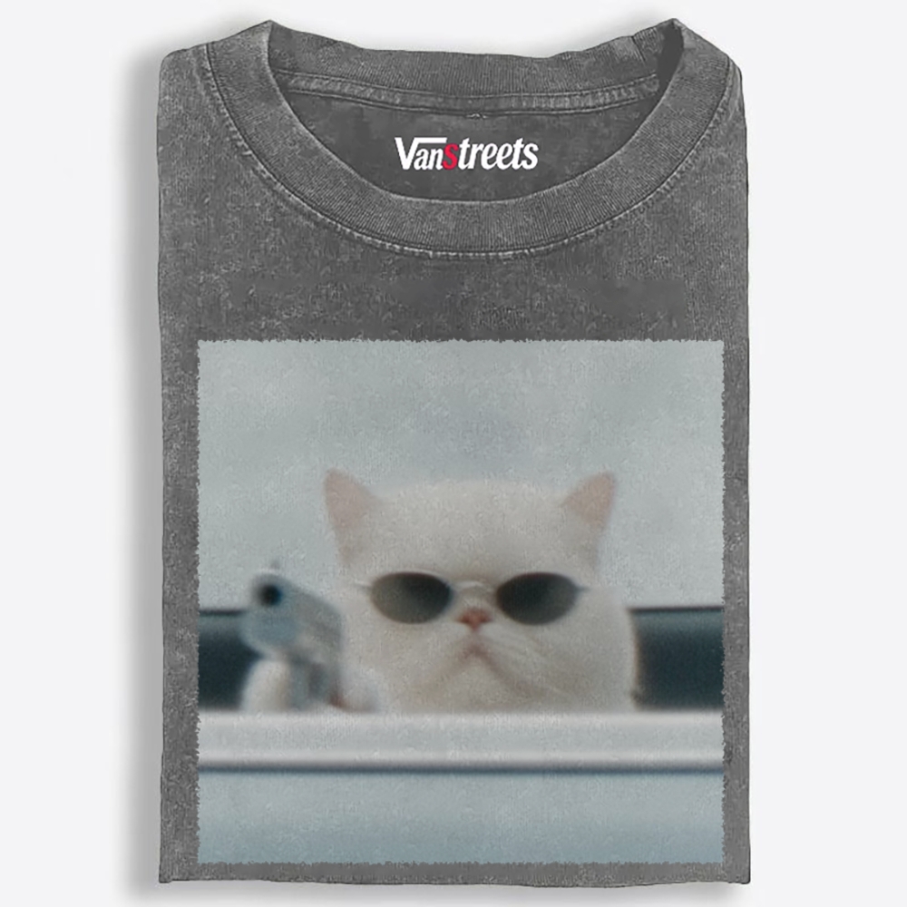 White Killer Cat Retro Washed T-Shirt | 100% Cotton | Streetwear Essential