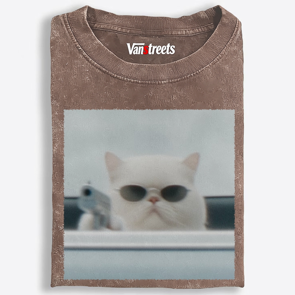 White Killer Cat Retro Washed T-Shirt | 100% Cotton | Streetwear Essential