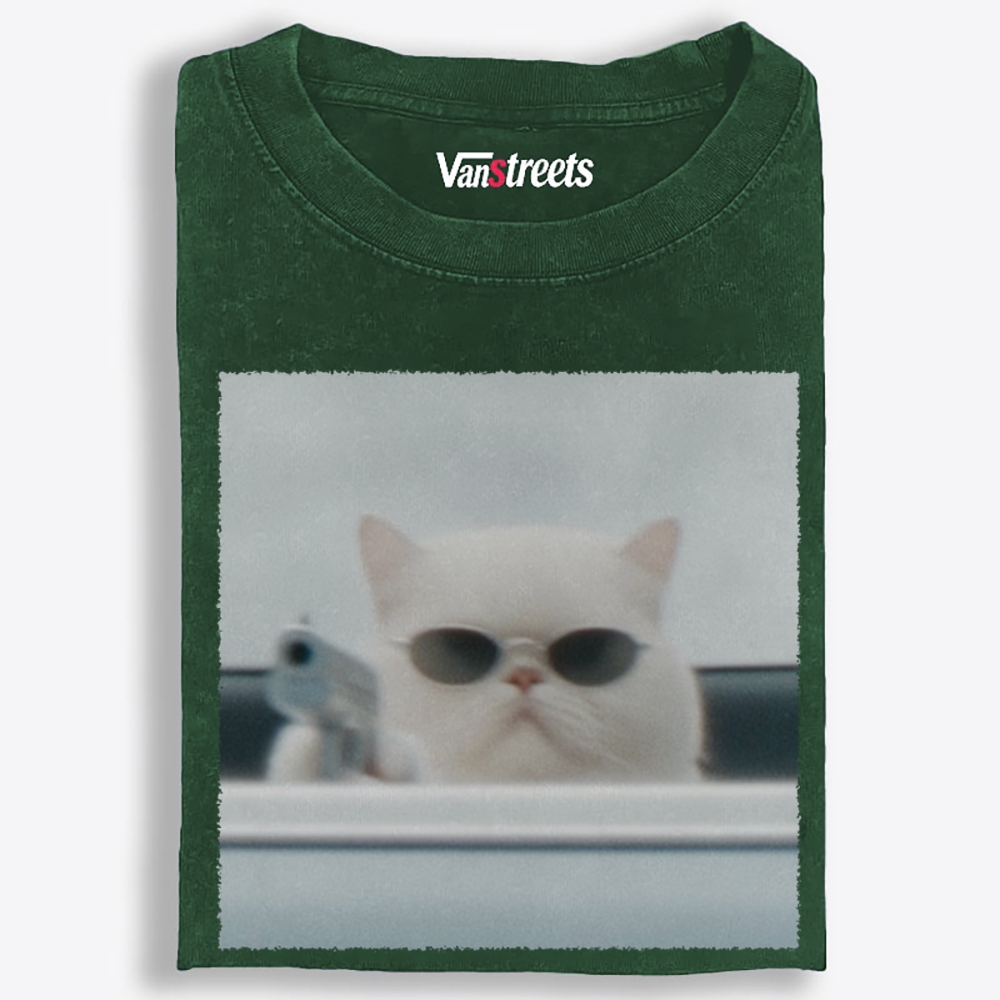 White Killer Cat Retro Washed T-Shirt | 100% Cotton | Streetwear Essential