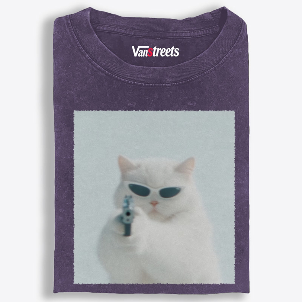 Cool White Cat Retro Washed T-Shirt | 100% Cotton | Streetwear Essential
