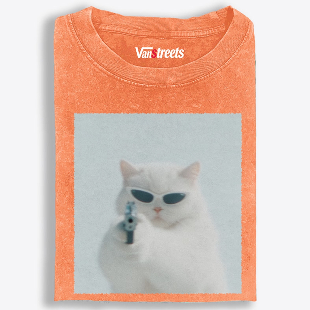Cool White Cat Retro Washed T-Shirt | 100% Cotton | Streetwear Essential