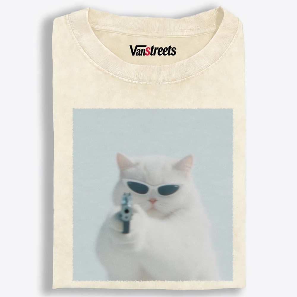 Cool White Cat Retro Washed T-Shirt | 100% Cotton | Streetwear Essential