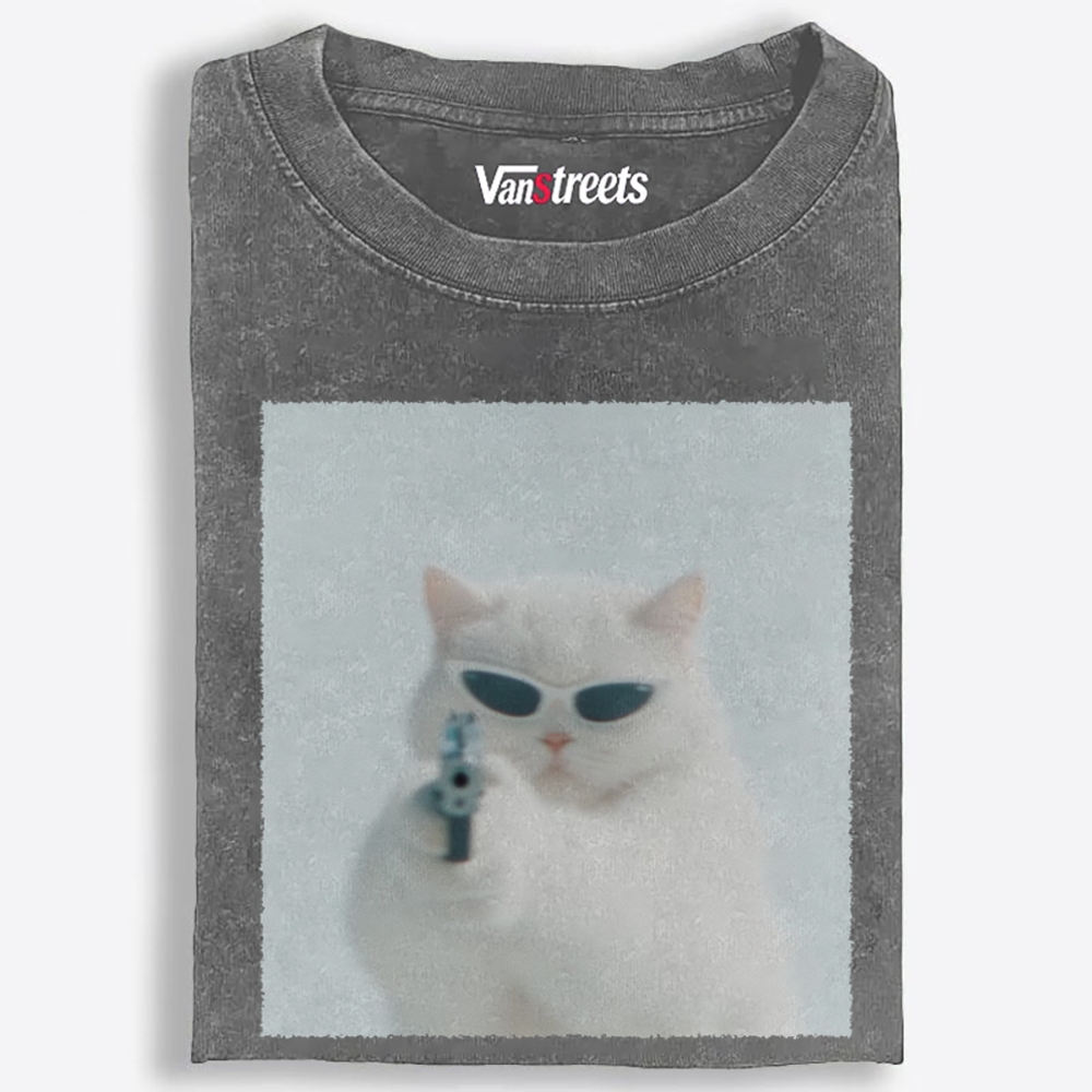 Cool White Cat Retro Washed T-Shirt | 100% Cotton | Streetwear Essential