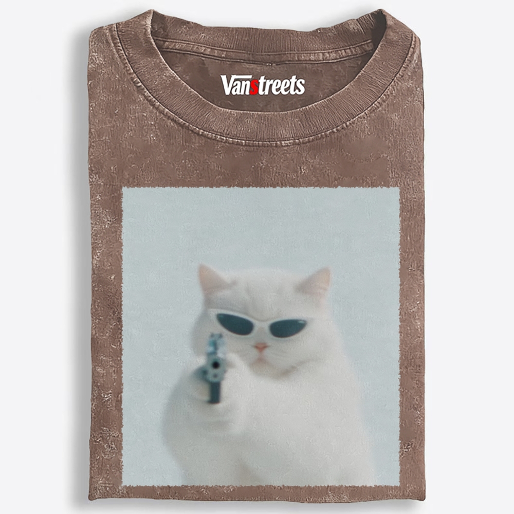 Cool White Cat Retro Washed T-Shirt | 100% Cotton | Streetwear Essential