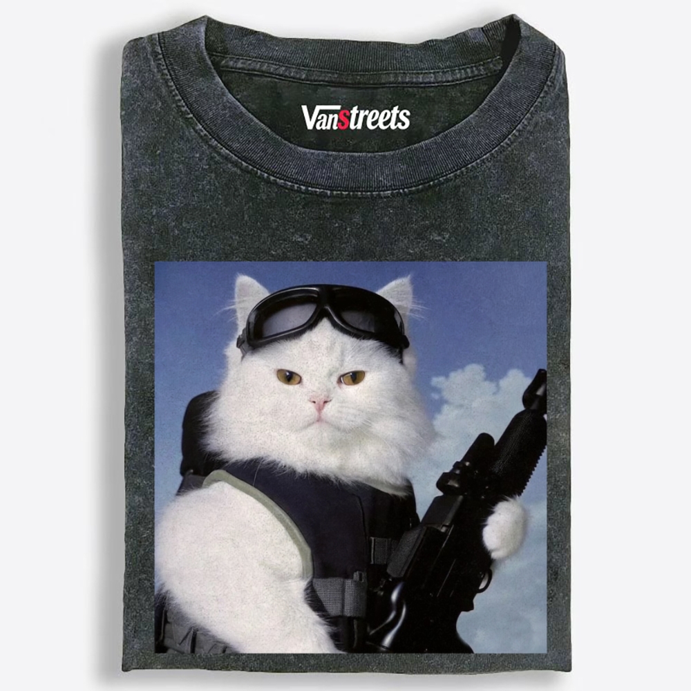Tactical White Cat Retro Washed T-Shirt | 100% Cotton | Streetwear Essential