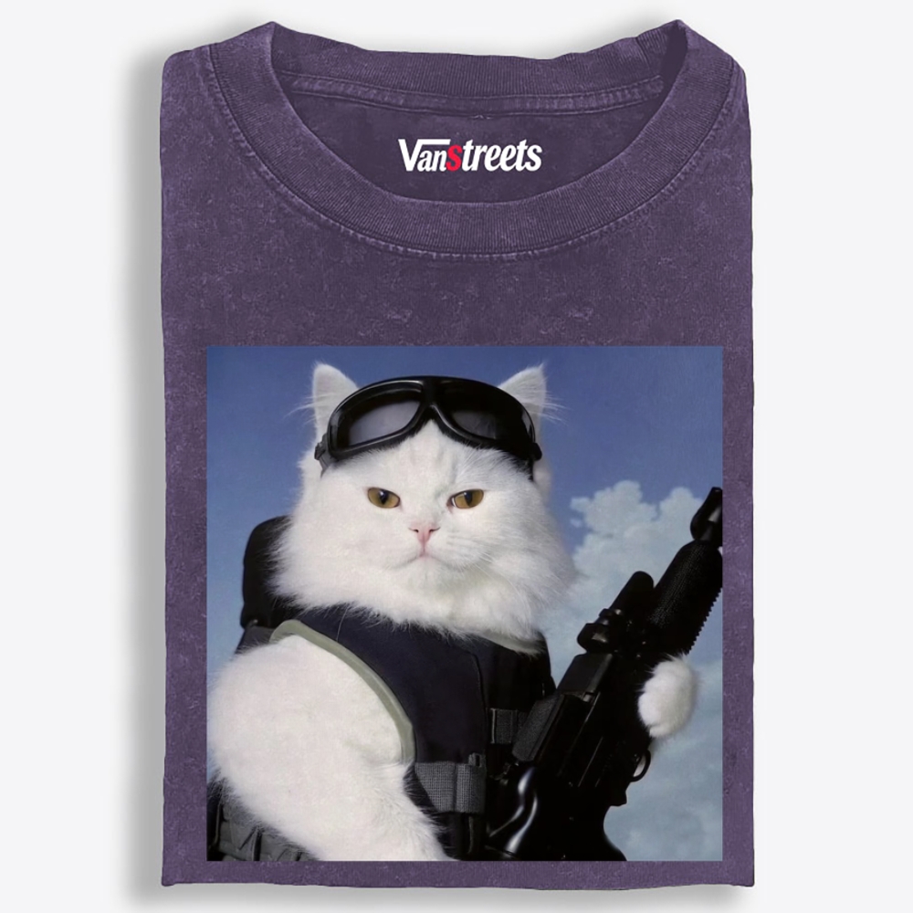 Tactical White Cat Retro Washed T-Shirt | 100% Cotton | Streetwear Essential