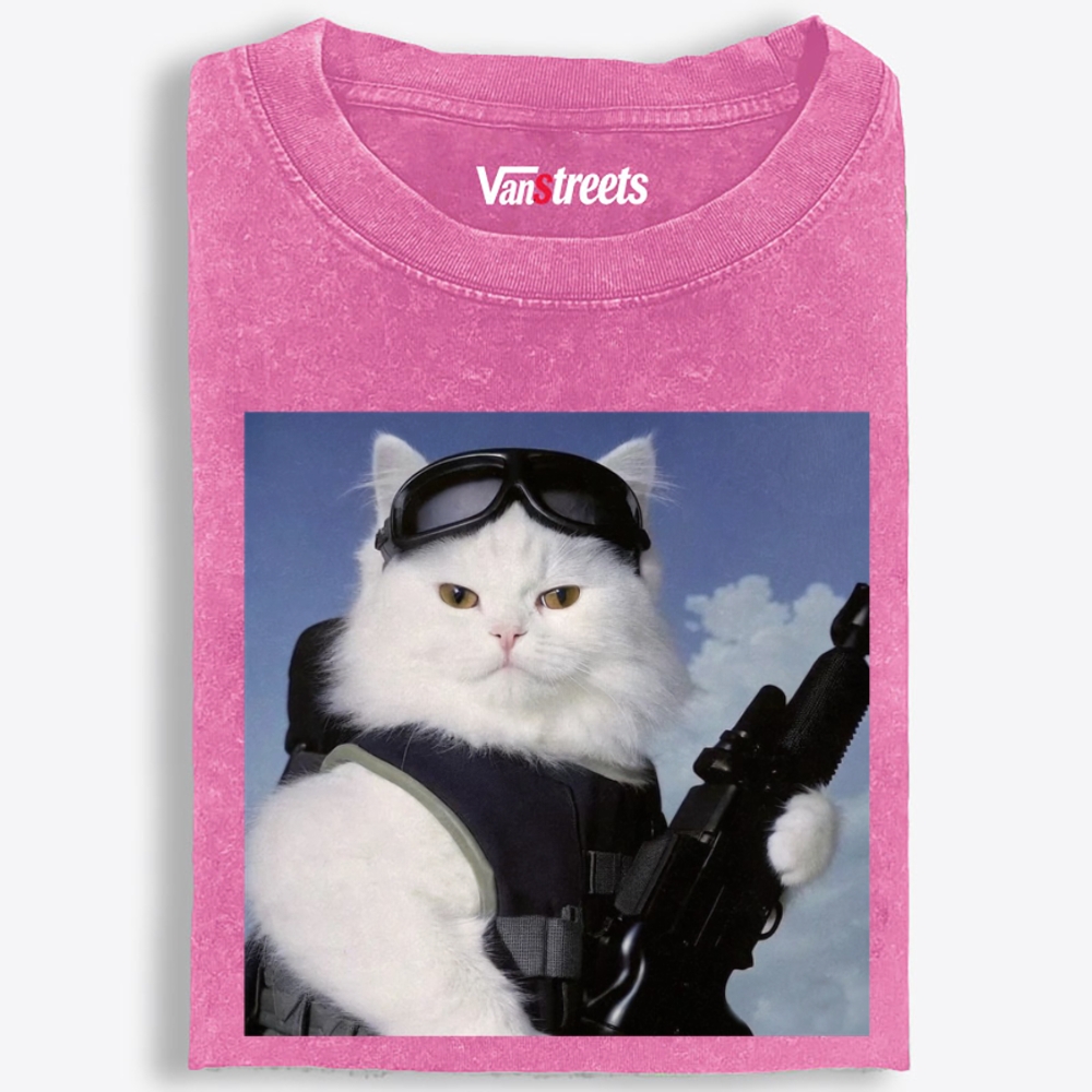 Tactical White Cat Retro Washed T-Shirt | 100% Cotton | Streetwear Essential