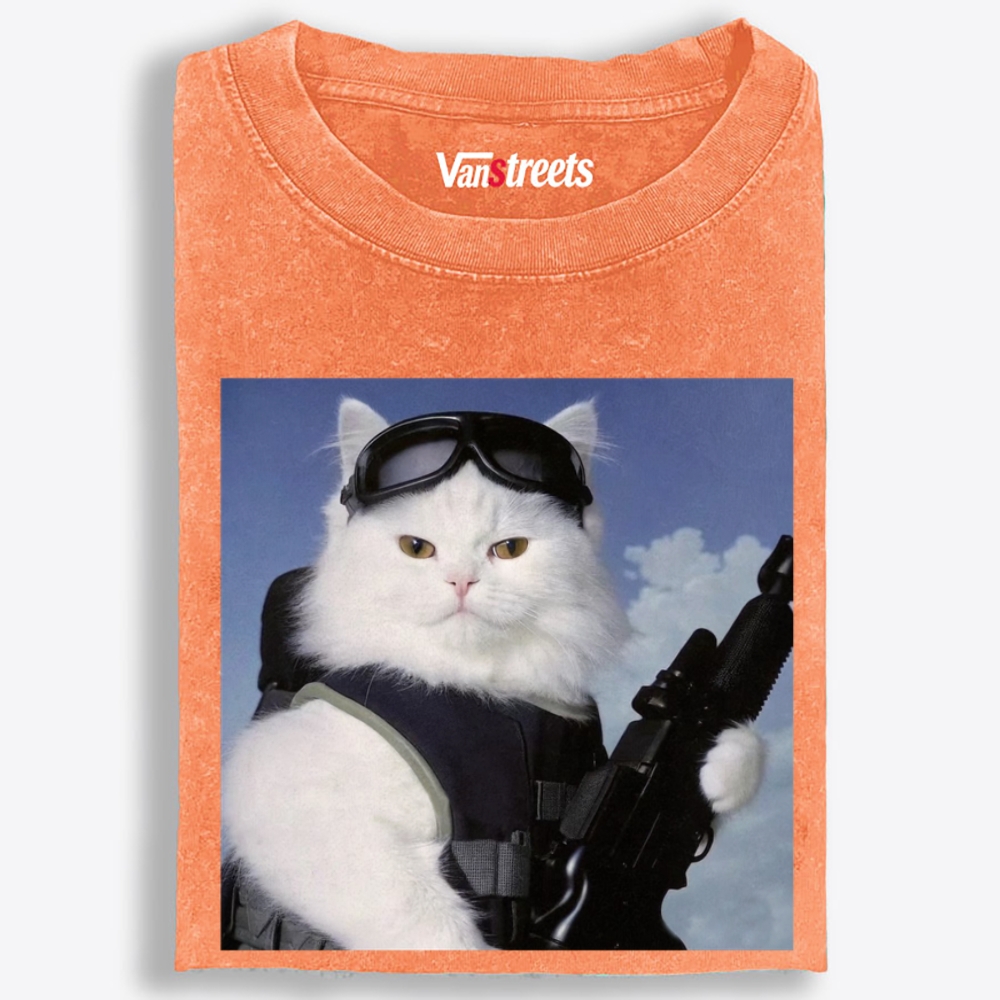Tactical White Cat Retro Washed T-Shirt | 100% Cotton | Streetwear Essential