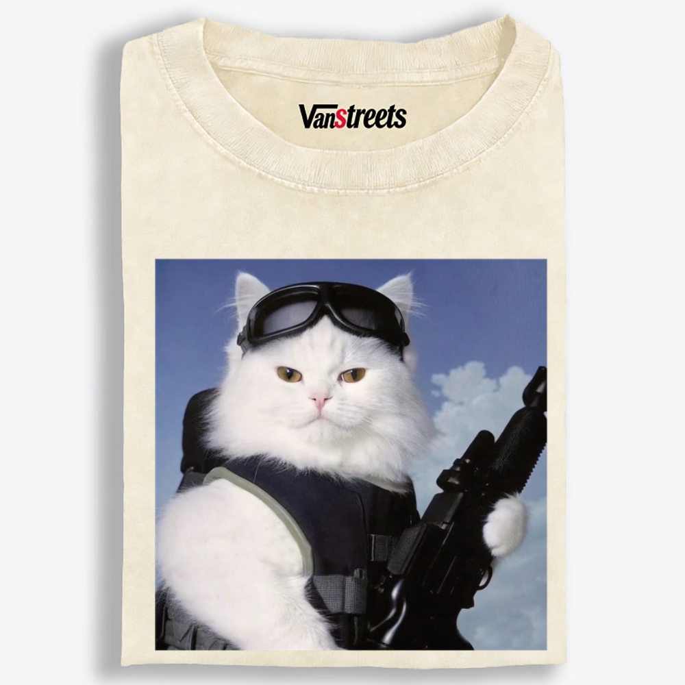 Tactical White Cat Retro Washed T-Shirt | 100% Cotton | Streetwear Essential