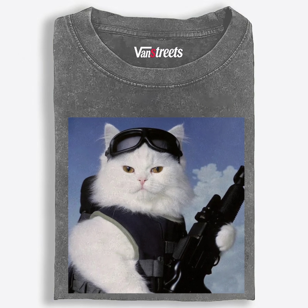 Tactical White Cat Retro Washed T-Shirt | 100% Cotton | Streetwear Essential