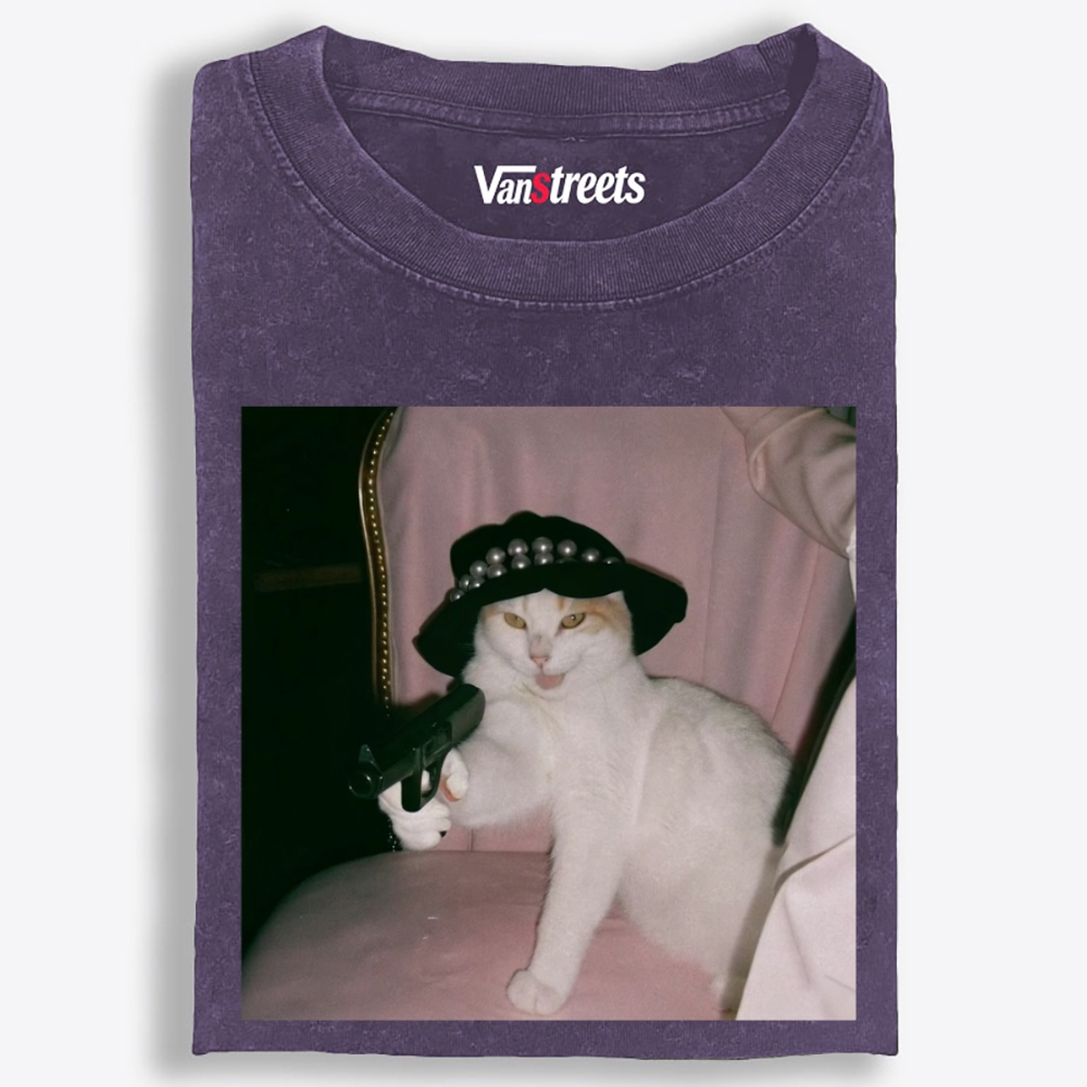 Lady Gun Cat Retro Washed T-Shirt | 100% Cotton | Streetwear Essential