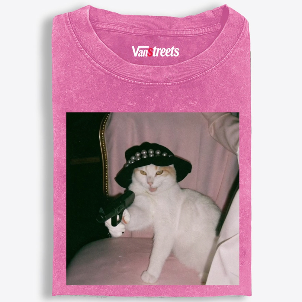 Lady Gun Cat Retro Washed T-Shirt | 100% Cotton | Streetwear Essential