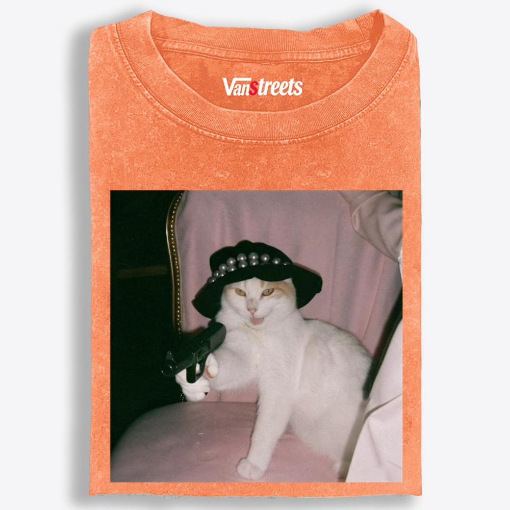 Lady Gun Cat Retro Washed T-Shirt | 100% Cotton | Streetwear Essential