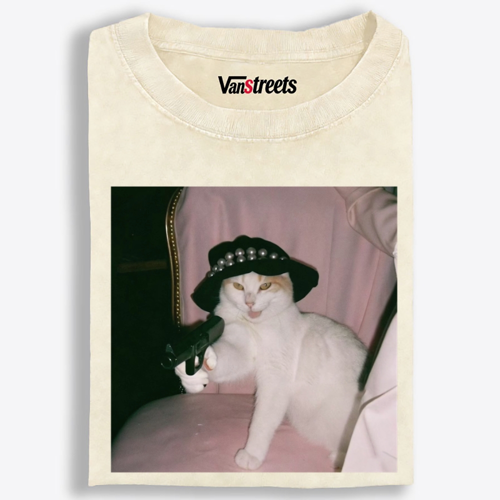Lady Gun Cat Retro Washed T-Shirt | 100% Cotton | Streetwear Essential