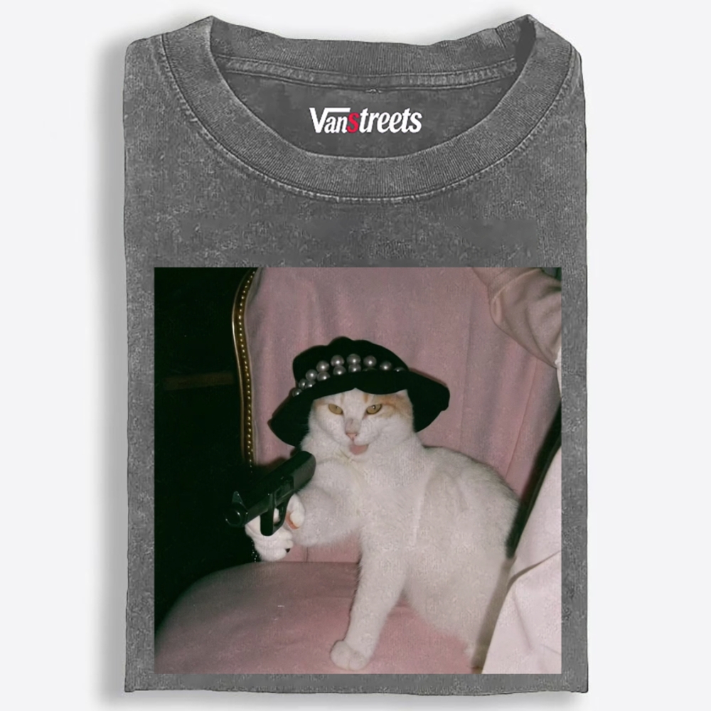 Lady Gun Cat Retro Washed T-Shirt | 100% Cotton | Streetwear Essential