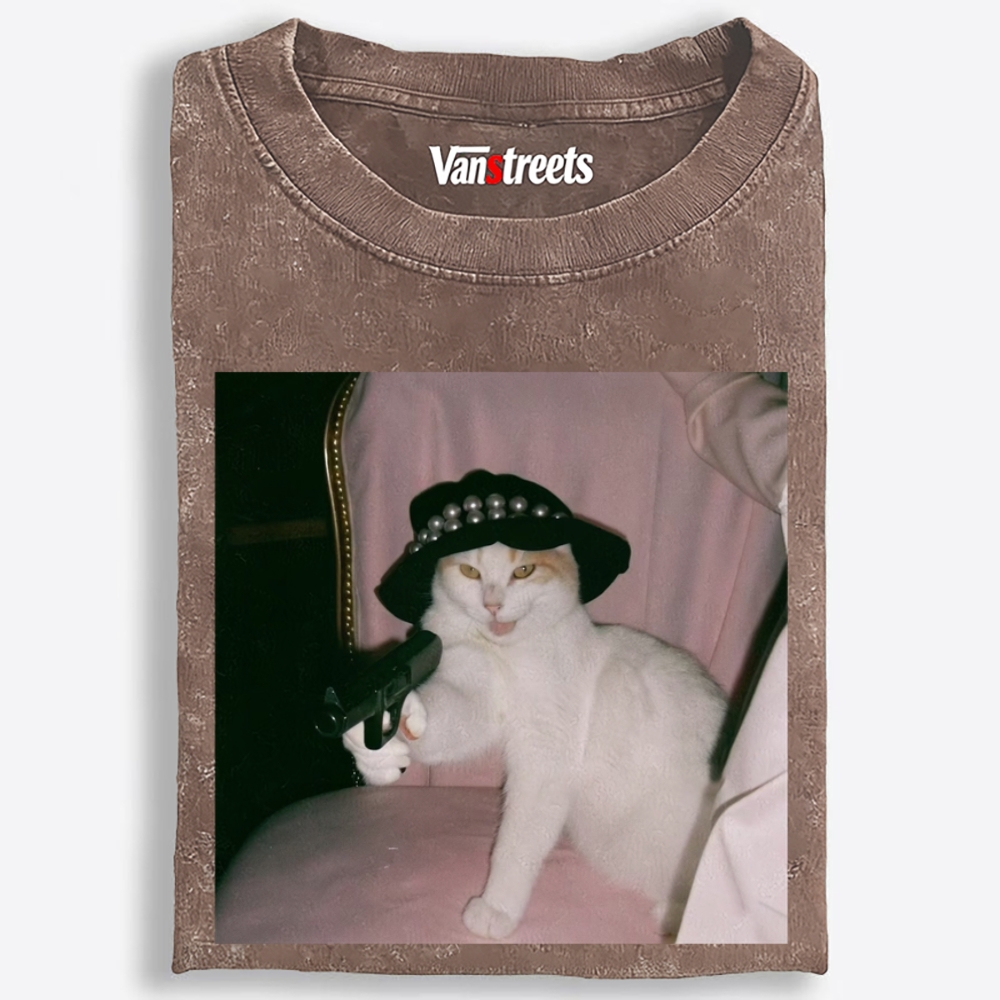 Lady Gun Cat Retro Washed T-Shirt | 100% Cotton | Streetwear Essential