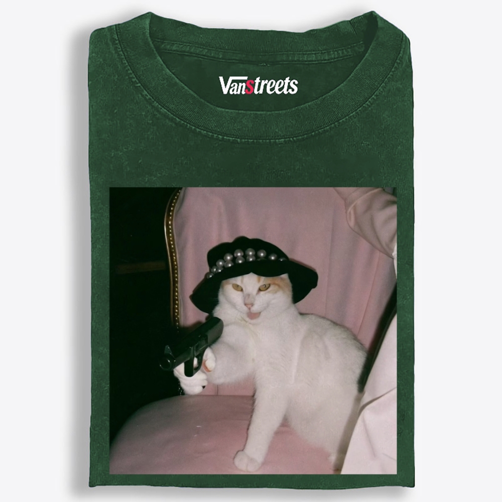 Lady Gun Cat Retro Washed T-Shirt | 100% Cotton | Streetwear Essential