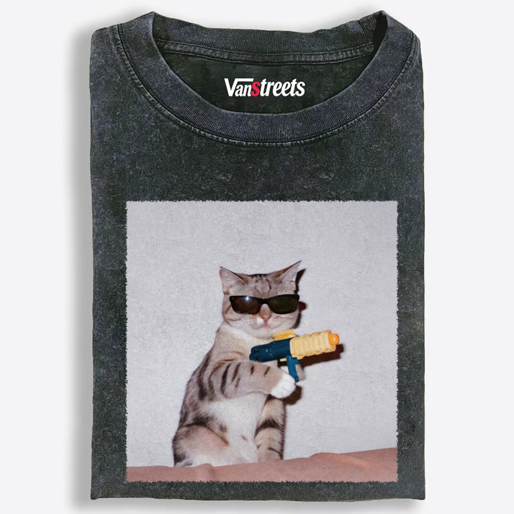 Sunglasses Water Gun Cat Retro Washed T-Shirt | 100% Cotton | Streetwear Essential