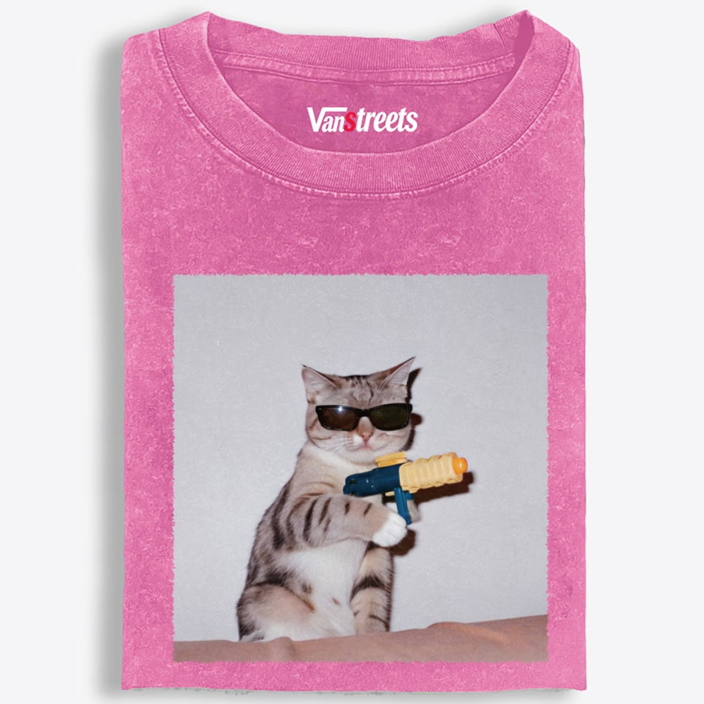Sunglasses Water Gun Cat Retro Washed T-Shirt | 100% Cotton | Streetwear Essential