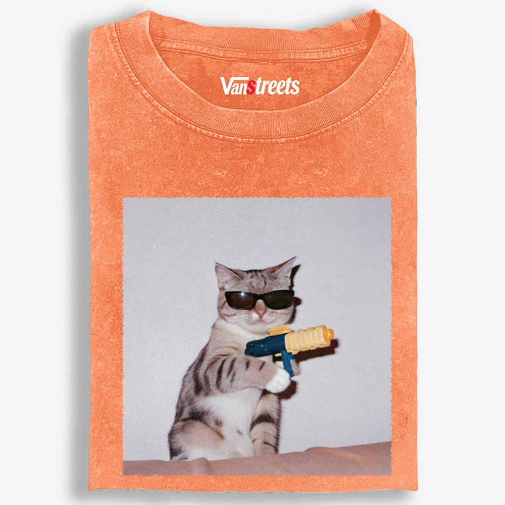 Sunglasses Water Gun Cat Retro Washed T-Shirt | 100% Cotton | Streetwear Essential