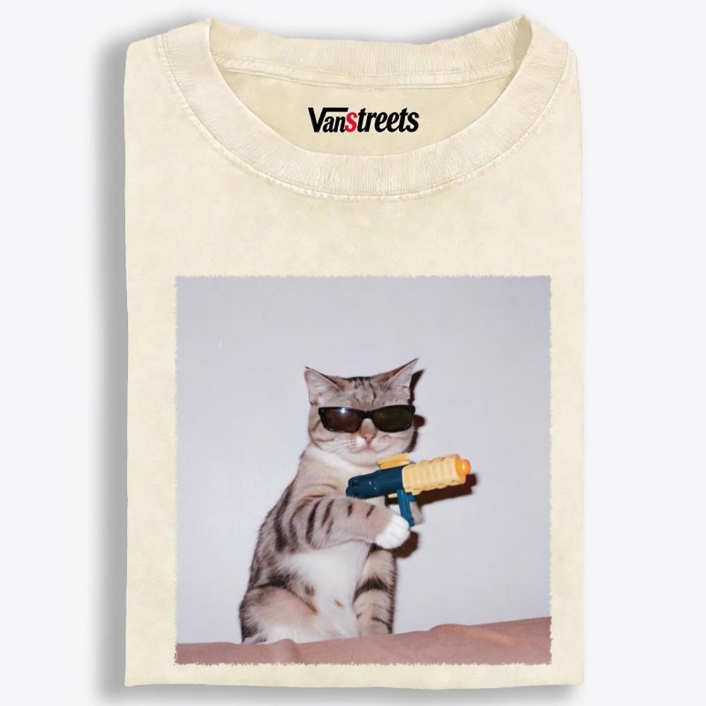 Sunglasses Water Gun Cat Retro Washed T-Shirt | 100% Cotton | Streetwear Essential