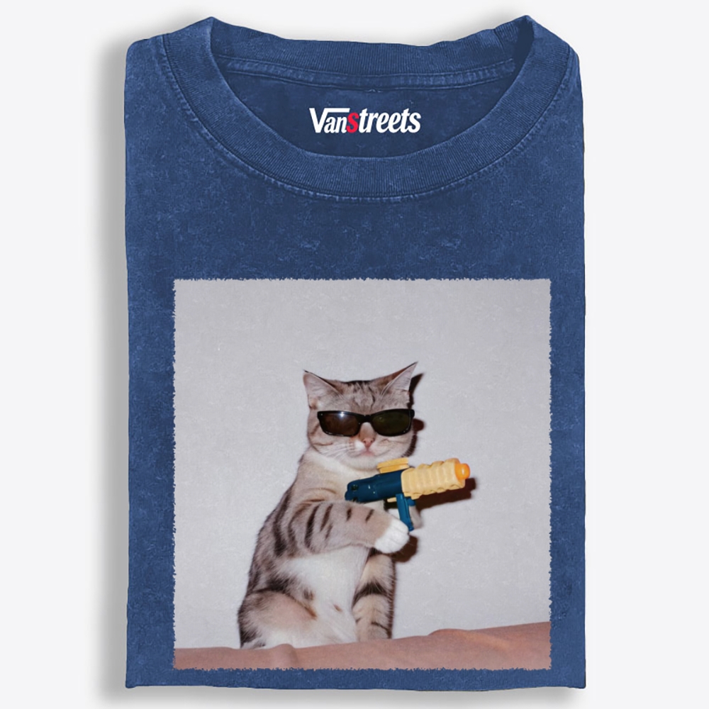 Sunglasses Water Gun Cat Retro Washed T-Shirt | 100% Cotton | Streetwear Essential