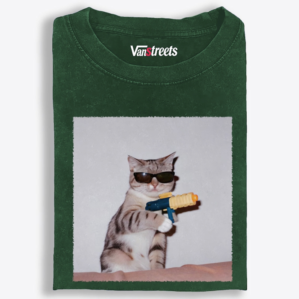 Sunglasses Water Gun Cat Retro Washed T-Shirt | 100% Cotton | Streetwear Essential