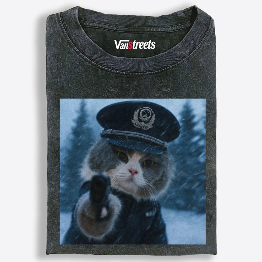 Police Gun Cat Retro Washed T-Shirt | 100% Cotton | Streetwear Essential