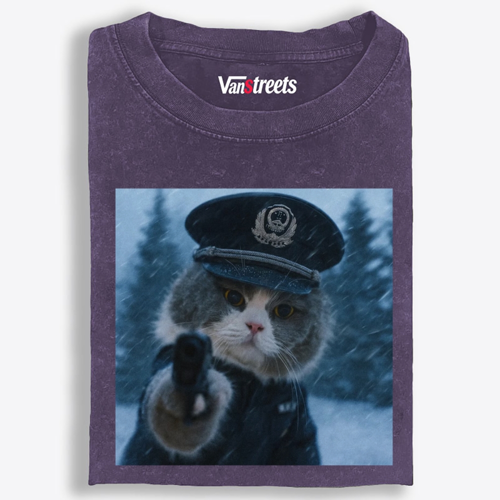 Police Gun Cat Retro Washed T-Shirt | 100% Cotton | Streetwear Essential