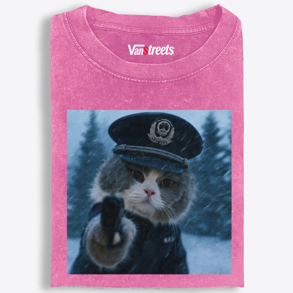 Police Gun Cat Retro Washed T-Shirt | 100% Cotton | Streetwear Essential