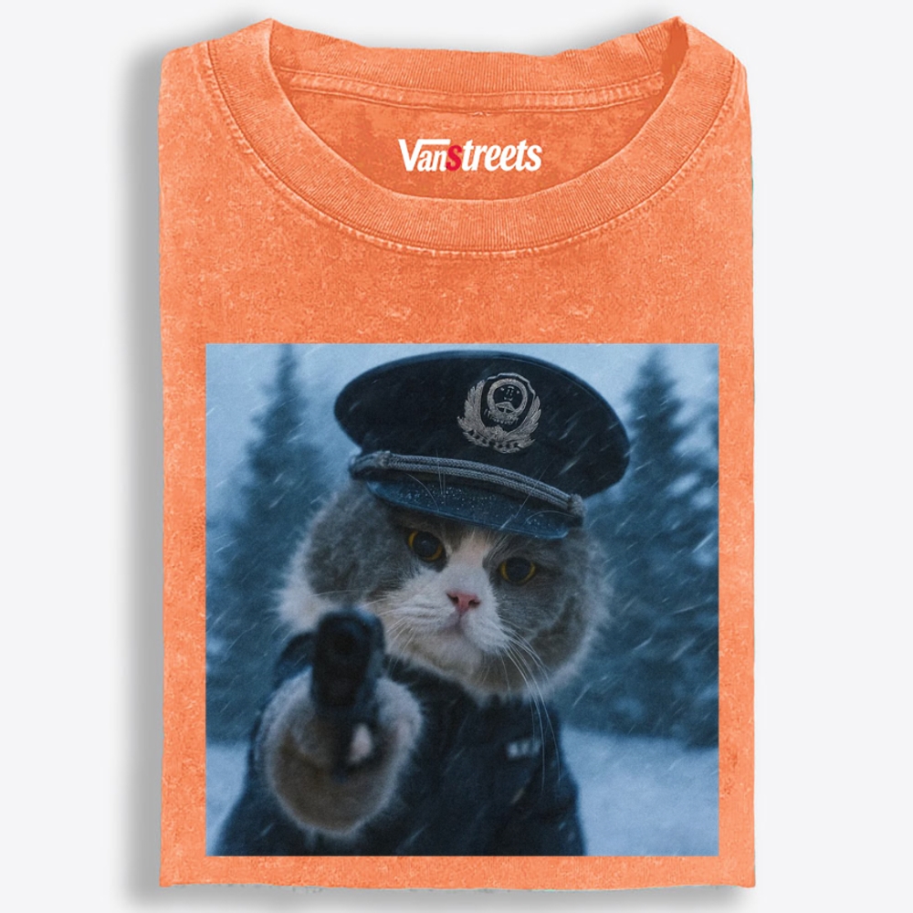 Police Gun Cat Retro Washed T-Shirt | 100% Cotton | Streetwear Essential