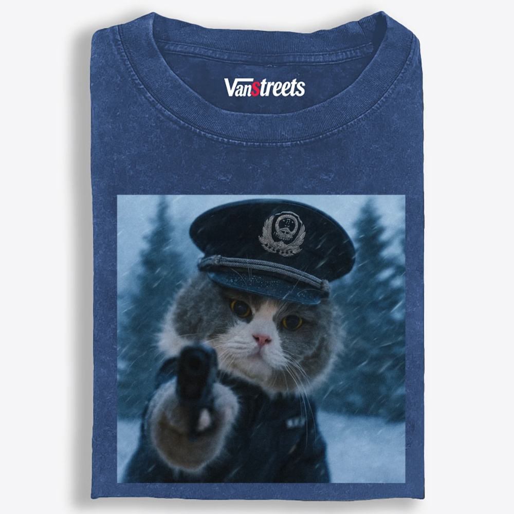 Police Gun Cat Retro Washed T-Shirt | 100% Cotton | Streetwear Essential