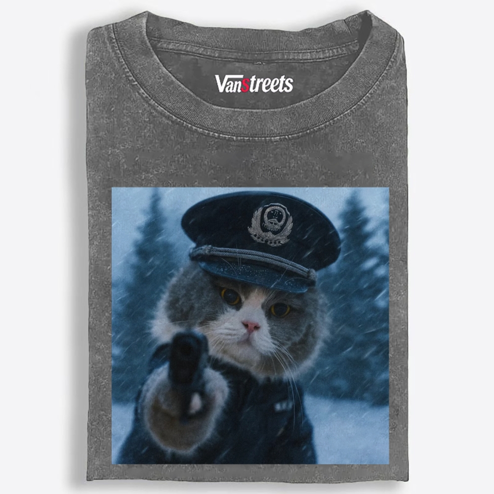 Police Gun Cat Retro Washed T-Shirt | 100% Cotton | Streetwear Essential